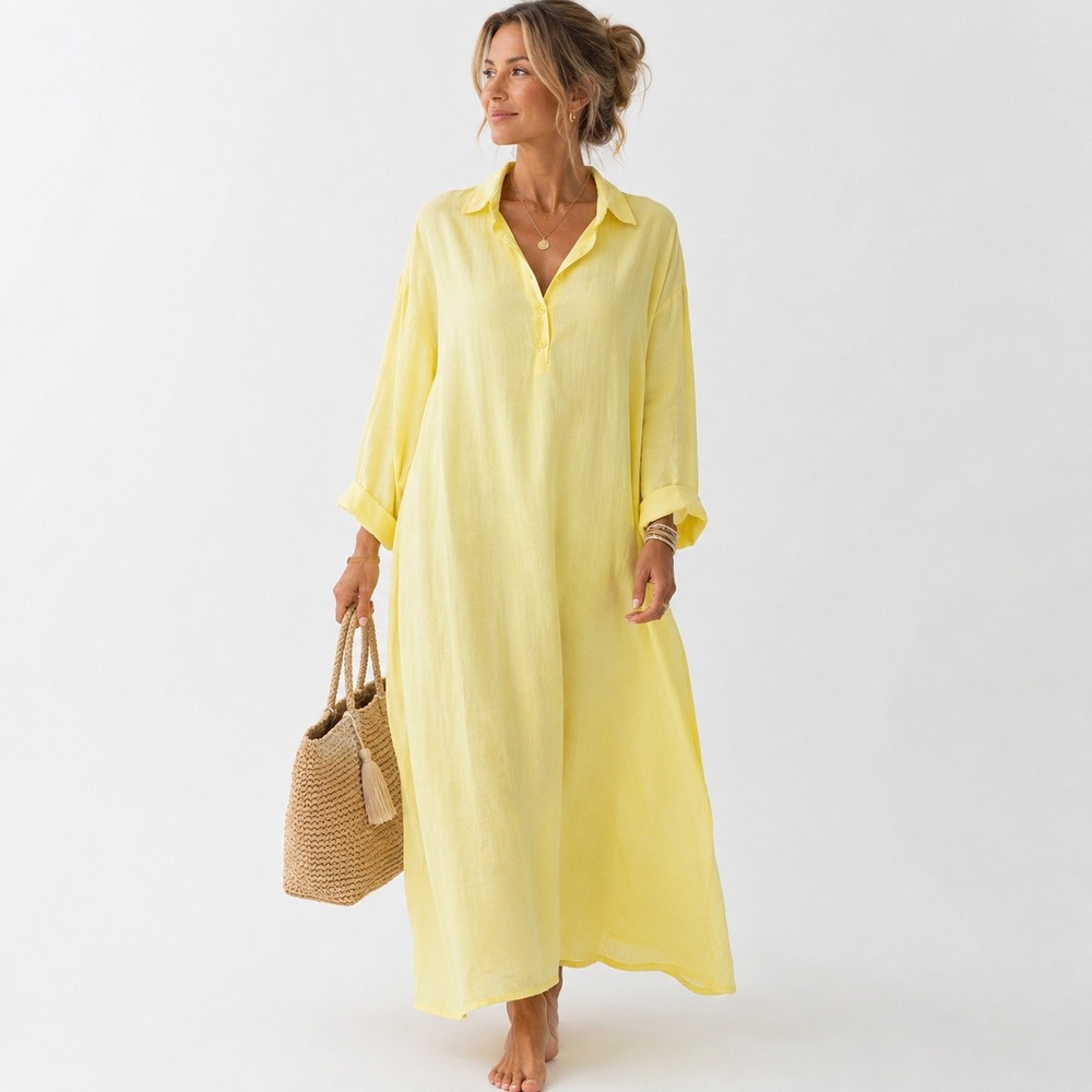 Modesees Maxi Shirt Dress M Yellow Linen Blend Coastal Minimalist Long Sleeve